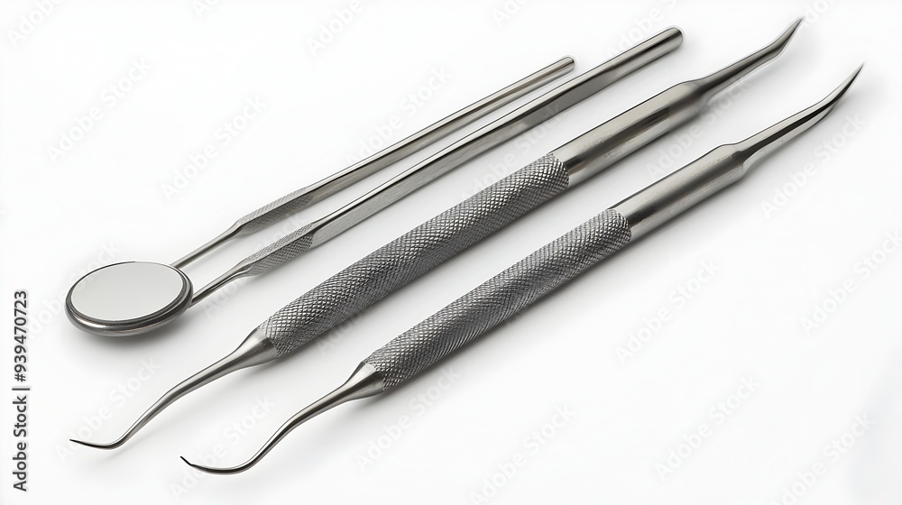 A set of various dental tools and equipment including dental mirrors tweezers probes and other instruments isolated on a clean white background
