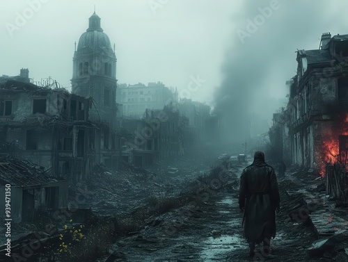 postapocalyptic urban landscape with charred buildings ashcovered streets and eerie silence photo