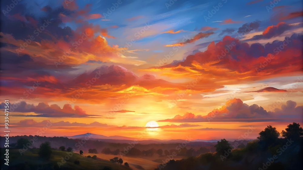 Glowing Sunset Over Rolling Hills and Vibrant Clouds in a Serene Landscape Glowing Sunset Over Rolling Hills and Vibrant Clouds in a Serene Landscape