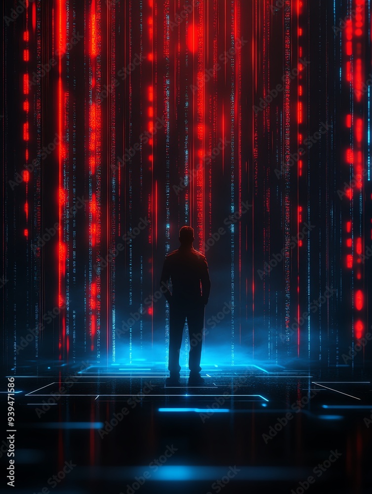 Futuristic scene featuring a silhouette against a backdrop of glowing binary code and digital elements, symbolizing data and technology. Futuristic scene featuring a silhouette against a backdrop of glowing binary code and digital elements, symbolizing data and technology.