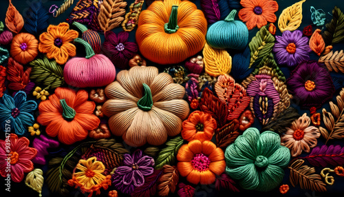 embroidery, kürbisse, kürbis, hintergrund, textil, halloween, october, neu, close up, thanksgiving, bunt, technik, herbst, orange, fall, ernte, nahtlos, dekor, floral, 3d, top view, modern, abbildung, photo