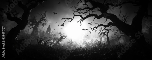 Mysterious silhouette of trees and an eerie castle under a haunting moonlight, perfect for Halloween themes and dark fantasy.