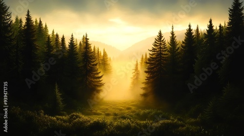 Serene forest landscape at dawn, highlighting trees and mist in a golden light, creating a tranquil and enchanting atmosphere.