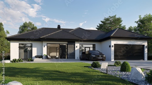 A beautiful modern house featuring simple architecture with a spacious front lawn and a two-car garage.