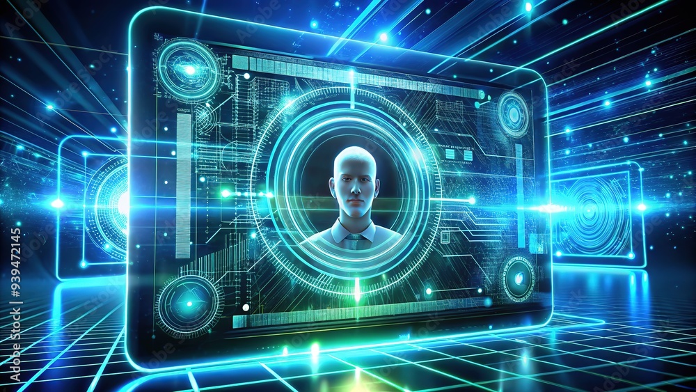 Holographic projections and futuristic interfaces ensure secure biometric verification, with blue and green accents highlighting the latest innovations in modern technology. Holographic projections and futuristic interfaces ensure secure biometric verification, with blue and green accents highlighting the latest innovations in modern technology.