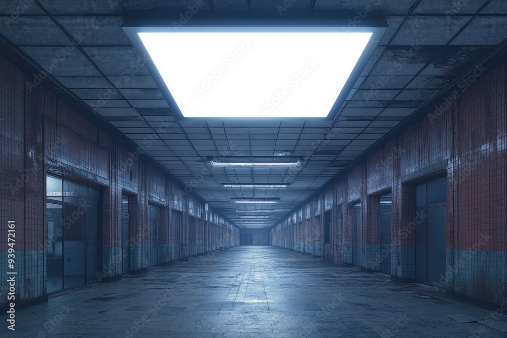 Obraz premium Long, Desolate, Tiled Corridor with Fluorescent Lights