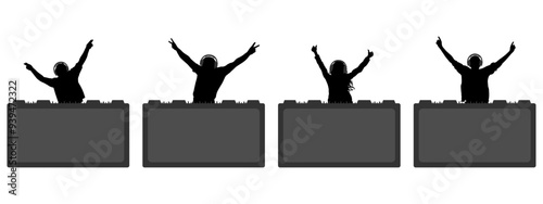 Cheerful DJ in earphones,  silhouette, set. Vector illustration