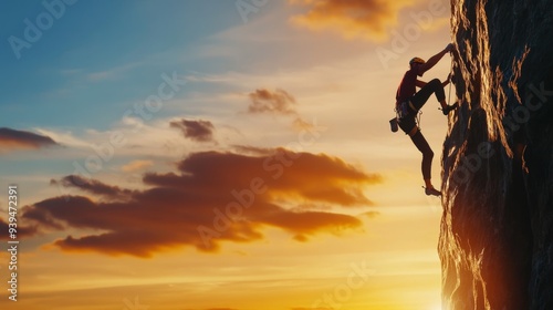 Rocky Cliff with Silhouette of Rock Climber Scaling at Sunset