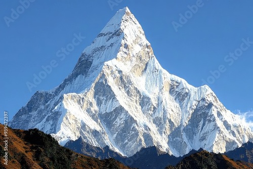Majestic Snow-Capped Mountain Peak Against a Clear Blue Sky