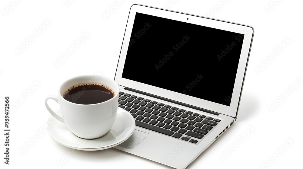 Minimalist laptop computer with a white screen and a cup of coffee placed on a plain white background providing a clean and simple template for adding a business message or branding Minimalist laptop computer with a white screen and a cup of coffee placed on a plain white background providing a clean and simple template for adding a business message or branding