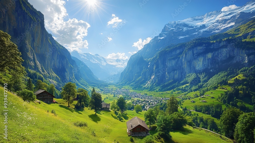 Fototapeta premium Spectacular view of Lauterbrunnen valley on a bright sunny day, Switzerland