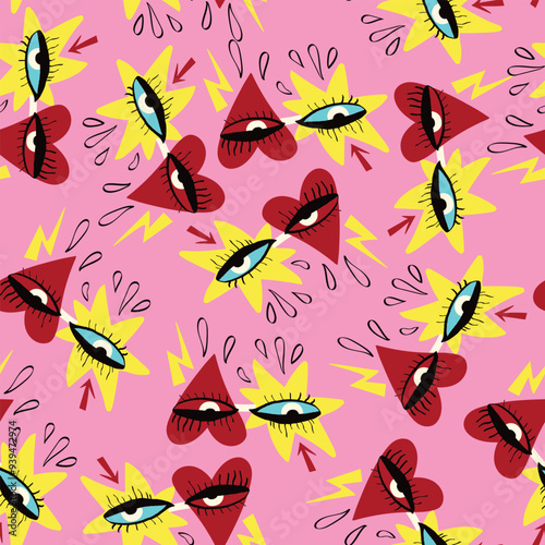 Valentine pattern with magical mystical spiritualistic symbol of the Freaky bizarre eyes in retro glasses