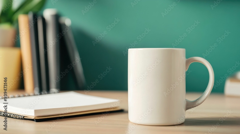 A white coffee mug sits on a table next to a notebook A white coffee mug sits on a table next to a notebook