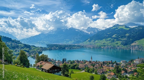 Lake, Mountains, and Town in Switzerland