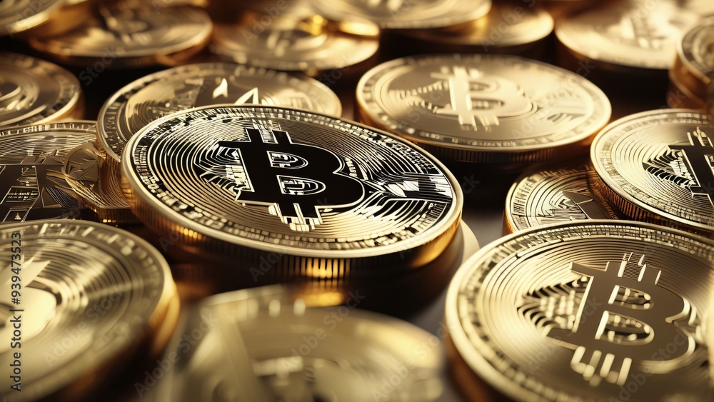 Bitcoin Cryptocurrency represented as Gold Coins. Decentralized Finance Background. 3D Render. Bitcoin cryptocurrency coin on gold background. Bitcoin Cryptocurrency represented as Gold Coins. Decentralized Finance Background. 3D Render. Bitcoin cryptocurrency coin on gold background.