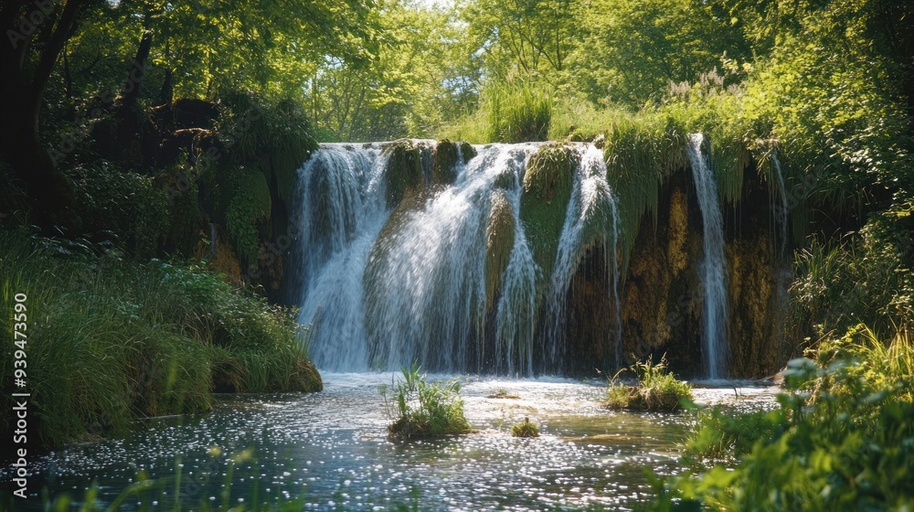 Obraz premium Tranquil Waterfall in Lush Forest