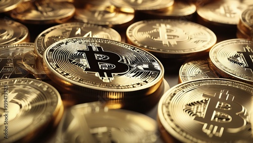 Bitcoin Cryptocurrency represented as Gold Coins. Decentralized Finance Background. 3D Render. Bitcoin cryptocurrency coin on gold background.