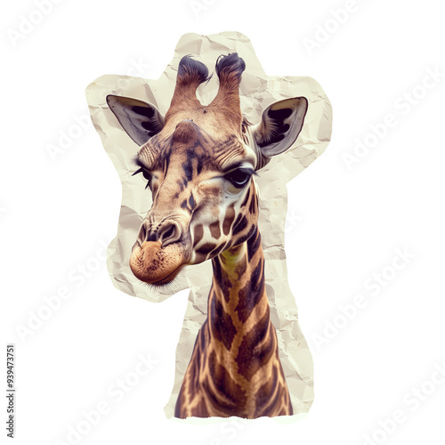 Cut out sticker of giraffe head on crumpled paper ai generated