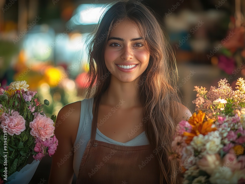 radiant hispanic woman arranging vibrant bouquets in sunlit flower shop warm tones soft focus background and genuine smile conveying passion for her small business radiant hispanic woman arranging vibrant bouquets in sunlit flower shop warm tones soft focus background and genuine smile conveying passion for her small business