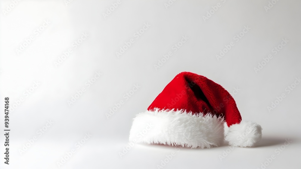 Closeup view of a classic Santa Claus hat with a lush fluffy white trim isolated on a plain white background with ample copy space Ideal for holiday greetings Christmas winter themed designs Closeup view of a classic Santa Claus hat with a lush fluffy white trim isolated on a plain white background with ample copy space Ideal for holiday greetings Christmas winter themed designs