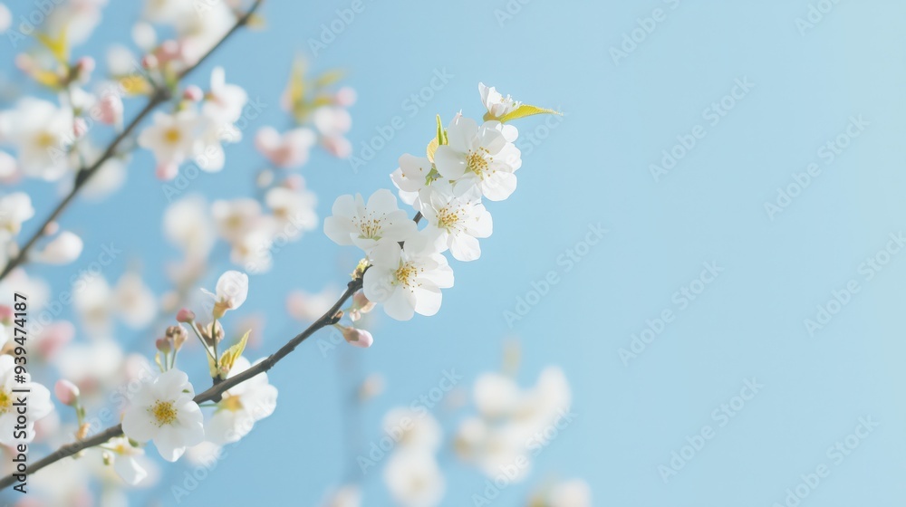 Delicate white blossoms unfurl on tender branches, set against a tranquil azure backdrop, epitomizing the ephemeral beauty of spring's rebirth.
