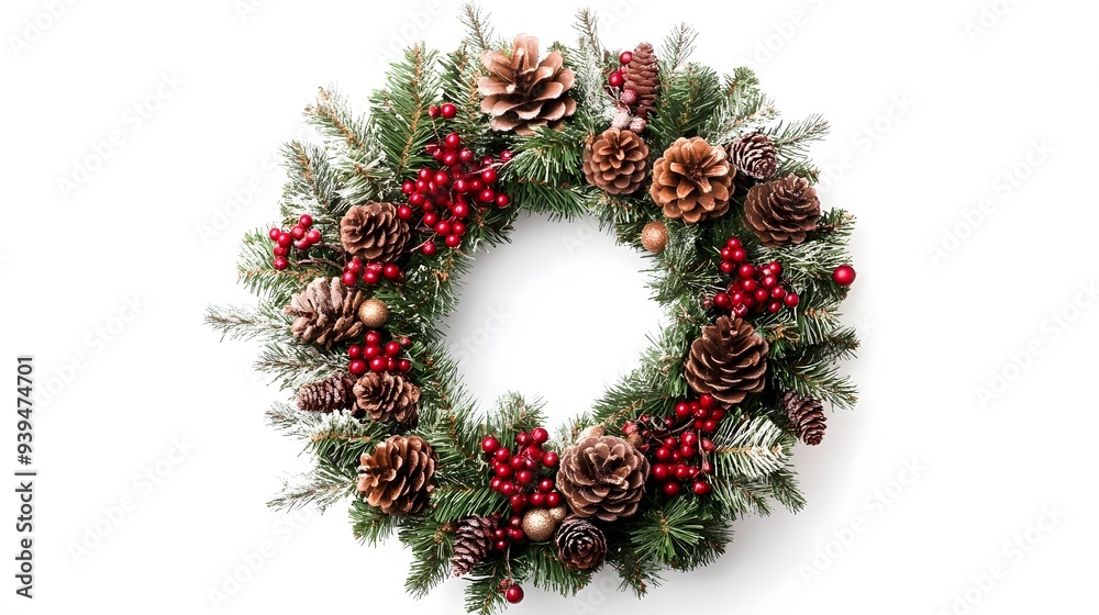 Beautifully crafted Christmas wreath adorned with pinecones and berries isolated on a clean white background with ample copy space for text or design elements This natural festive creates a warm Beautifully crafted Christmas wreath adorned with pinecones and berries isolated on a clean white background with ample copy space for text or design elements This natural festive creates a warm