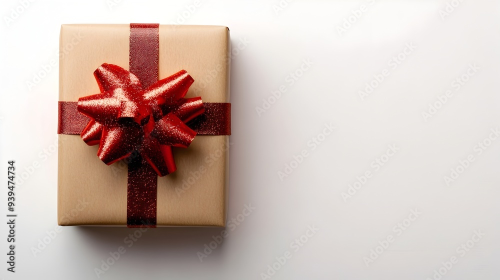 Beautifully wrapped Christmas gift box with a bright red ribbon and bow isolated on a clean white background with copy space Festive holiday present concept Beautifully wrapped Christmas gift box with a bright red ribbon and bow isolated on a clean white background with copy space Festive holiday present concept