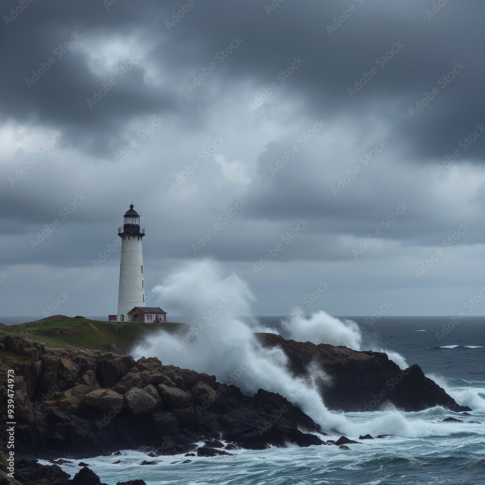 Stormy Ocean Waves Crashing Against Lighthouse During Dark Clouds Stormy Ocean Waves Crashing Against Lighthouse During Dark Clouds