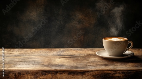 Rustic Wooden Table with Steaming Cup of Coffee Featuring Latte Art