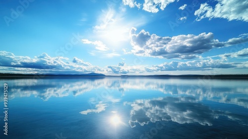 Peaceful Reflection of Blue Sky and Clouds in a Still Lake