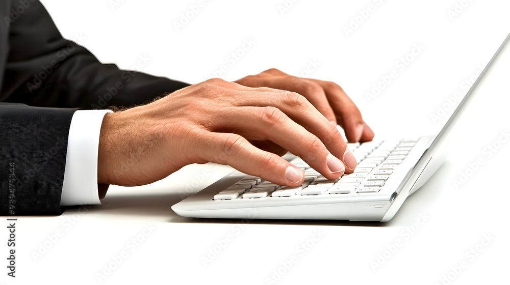 Focused Hands of a Businessperson Typing on a Computer Keyboard Isolated on a Clean White Background with Space for Communication or Work Related Text or Messaging