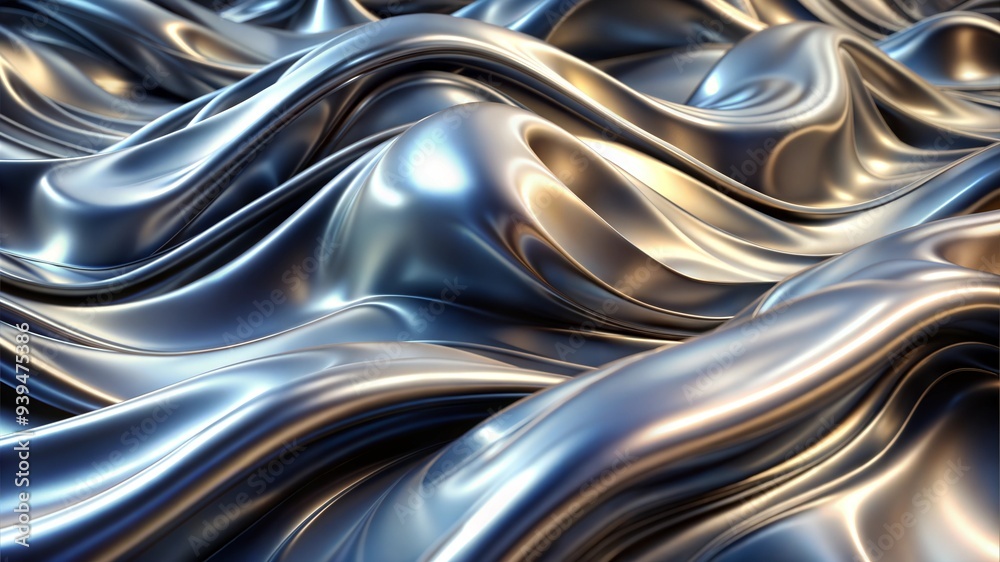 Metallic waves in smooth surface, abstract liquid metal texture, reflective silver and gold Metallic waves in smooth surface, abstract liquid metal texture, reflective silver and gold