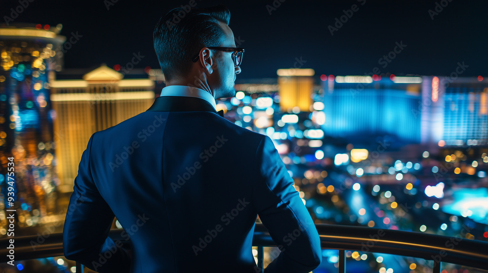 Businessman wearing a blue tuxedo standing on a balcony, enjoying the lights of the Las Vegas strip at night Businessman wearing a blue tuxedo standing on a balcony, enjoying the lights of the Las Vegas strip at night