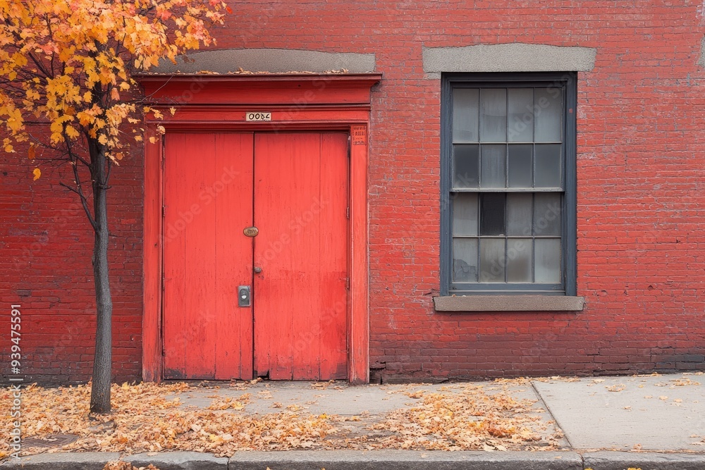 Red Doorway on Brick Building with Autumn Leaves Red Doorway on Brick Building with Autumn Leaves