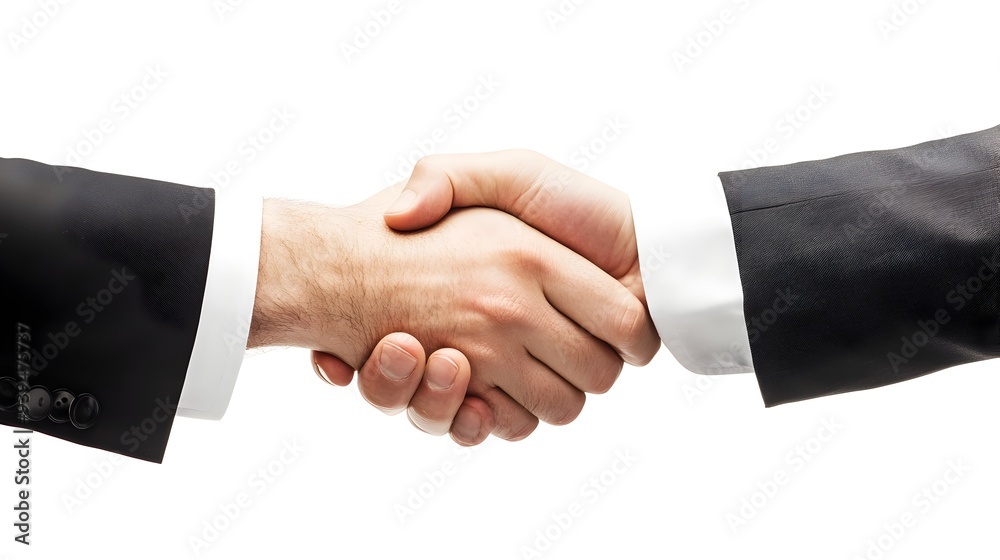 Formal Business Handshake Over a Contract Document on a White Background with Ample Empty Space for Agreement Text or Partnership Signage Formal Business Handshake Over a Contract Document on a White Background with Ample Empty Space for Agreement Text or Partnership Signage