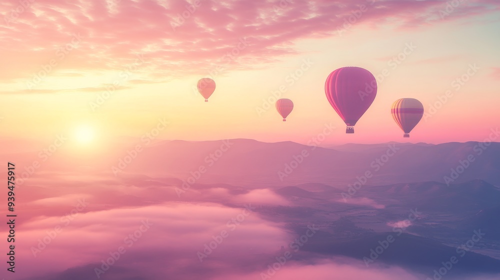 Obraz premium Scenic Landscape at Sunrise with Colorful Hot Air Balloons Flying