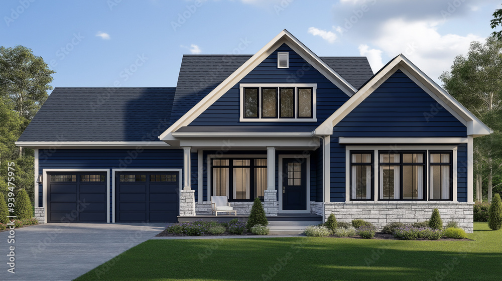 Elegant Two-Story House with Navy Siding and Stone Foundation Elegant Two-Story House with Navy Siding and Stone Foundation
