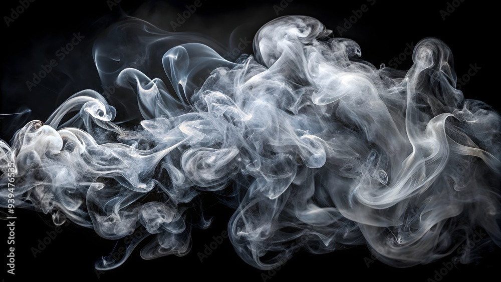 Fototapeta premium Swirling white smoke on black background, ethereal abstract wisps, soft flowing shapes