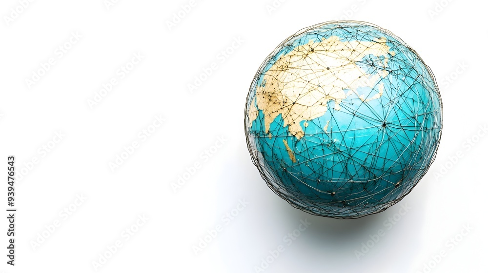 Minimalist 3D rendering of a globe with interconnected network lines symbolizing global business digital technology and international communication on a clean white background with copyspace Minimalist 3D rendering of a globe with interconnected network lines symbolizing global business digital technology and international communication on a clean white background with copyspace