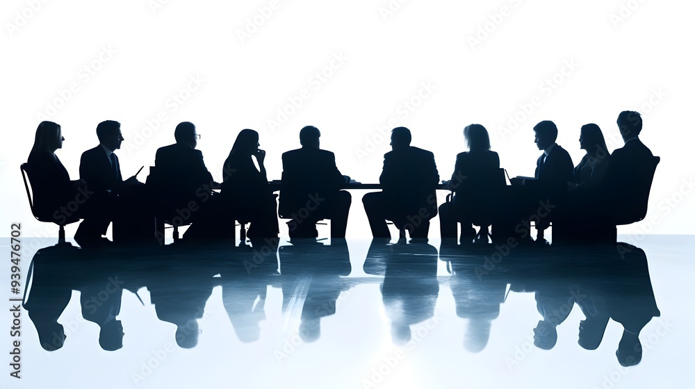 A group of business professionals in a collaborative meeting isolated on a white background with room for a leadership or teamwork message A group of business professionals in a collaborative meeting isolated on a white background with room for a leadership or teamwork message
