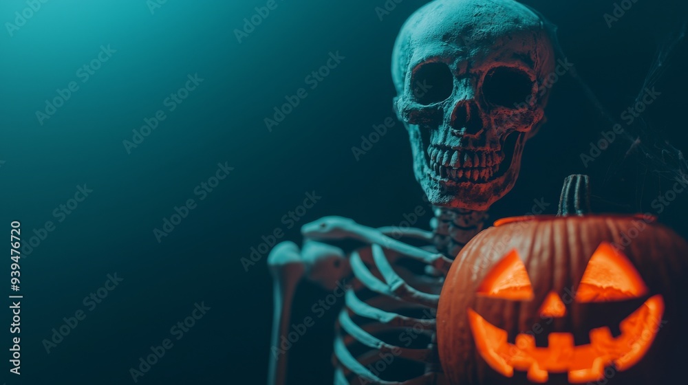 Skeleton in a Halloween costume, shadow merging with jack-o'-lanterns, festive and eerie Skeleton in a Halloween costume, shadow merging with jack-o'-lanterns, festive and eerie
