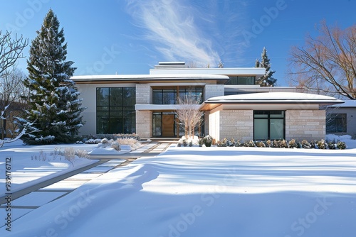 A modern home with large glass windows, situated in a snowy landscape, emphasizing contemporary design elements.