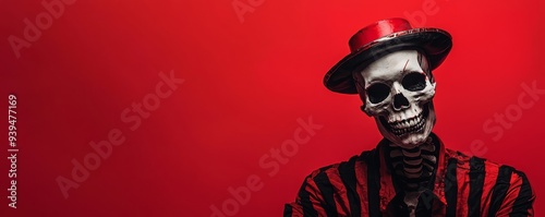 Shadowed skeleton in a carnival ringmaster costume, eerie circus theme photo