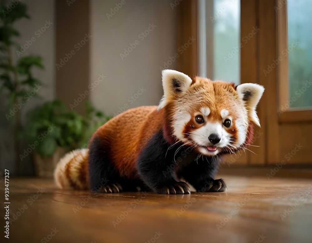 A red panda sits playfully on a wooden floor, surrounded by indoor plants in a cozy, sunlit room