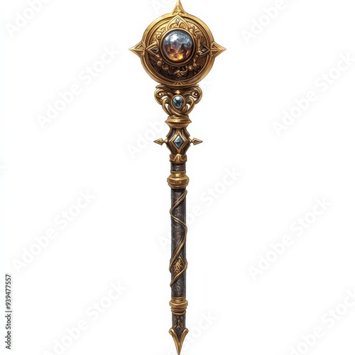 A wizard staff clipart, fantasy element, mystical design, brown and gold, isolated on white background photo