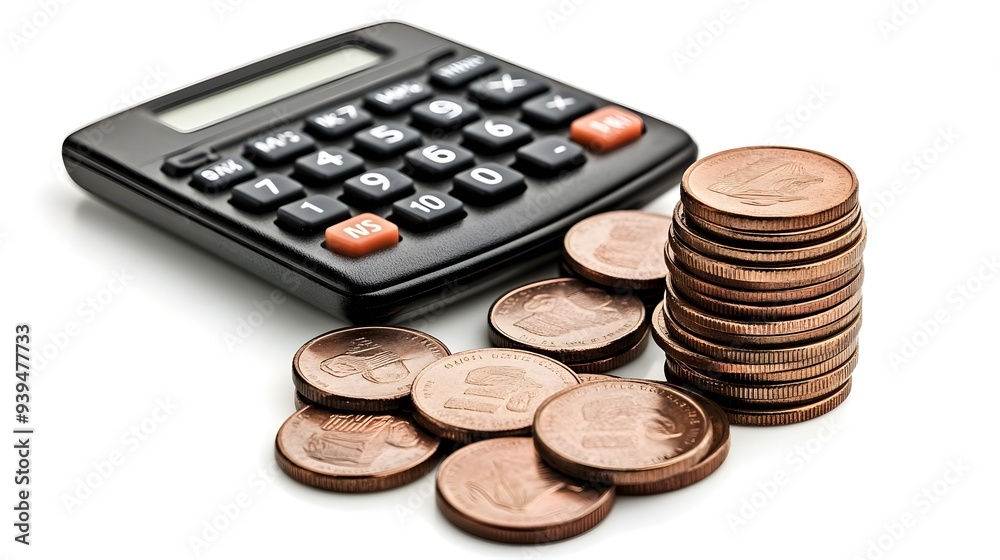 Calculation and Investment A Financial Snapshot with Calculator and Coins Isolated on a White Background Ideal for Financial Concepts and Presentations Calculation and Investment A Financial Snapshot with Calculator and Coins Isolated on a White Background Ideal for Financial Concepts and Presentations
