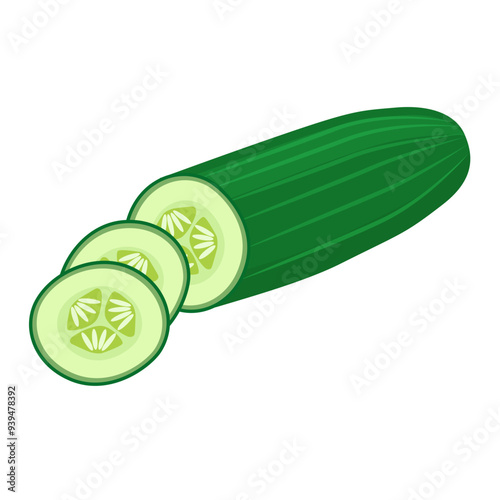 Vector image of a cucumber with slices, showing detailed texture and seeds.