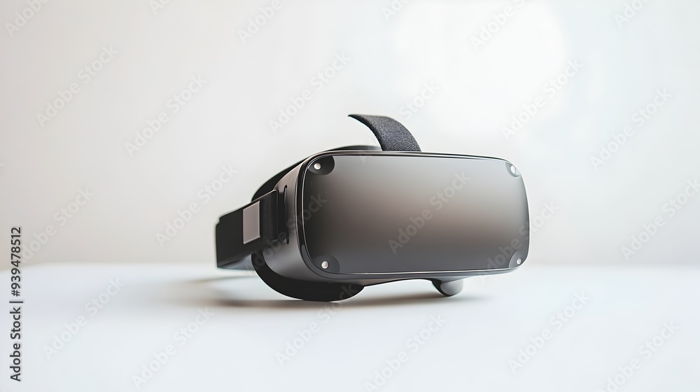 Photograph of a modern virtual reality headset placed on a clean white table with ample copy space on the right side This minimalist setup showcases the device s sleek and futuristic design Photograph of a modern virtual reality headset placed on a clean white table with ample copy space on the right side This minimalist setup showcases the device s sleek and futuristic design