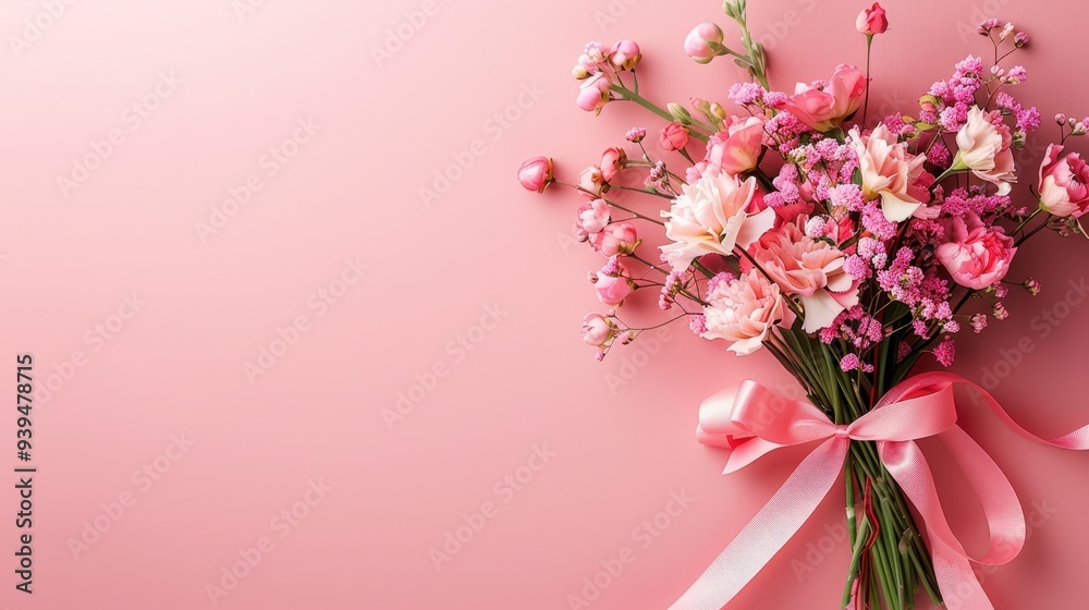 Delicate Bouquet of Flowers and Ribbon on Pastel Pink Background with Copy Space. Delicate Bouquet of Flowers and Ribbon on Pastel Pink Background with Copy Space.
