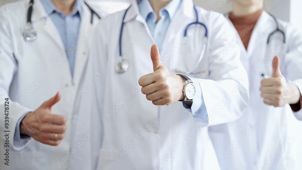 Group of doctors are are standing and showing thumbs up in hospital corridor. Medicine excellent service Group of doctors are are standing and showing thumbs up in hospital corridor. Medicine excellent service